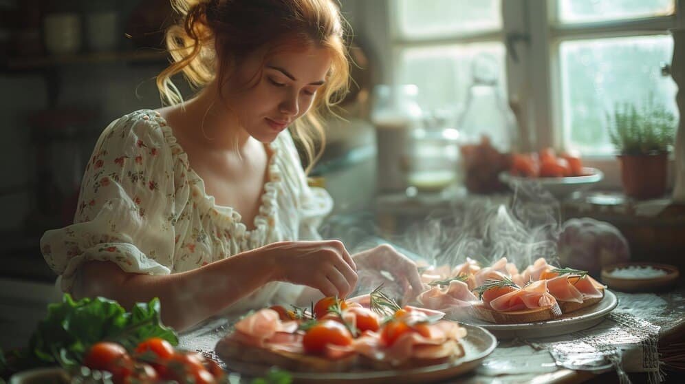 woman preparing gourmet meal sunlit kitchen 146482 21846