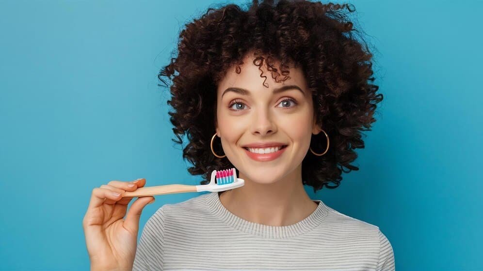 young woman with curly hair holding toothbrush 926199 3558046