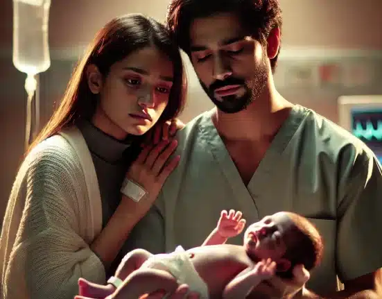 DALL·E 2024 09 17 12.37.55 An emotional scene of parents Sumna and Raihan holding their newborn child, facing the reality of congenital heart disease. The parents show mixed emo