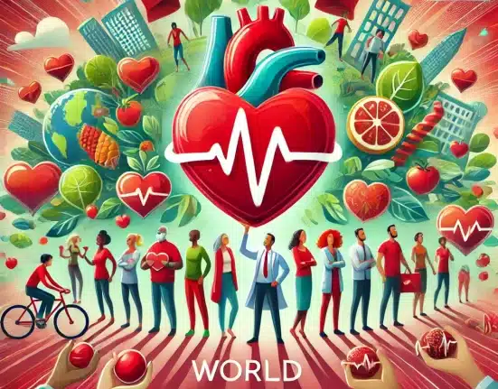 DALL·E 2024 10 06 13.14.25 A symbolic and inspiring image representing World Heart Day 2024. A group of diverse people standing together, each holding a heart shaped symbol, sig