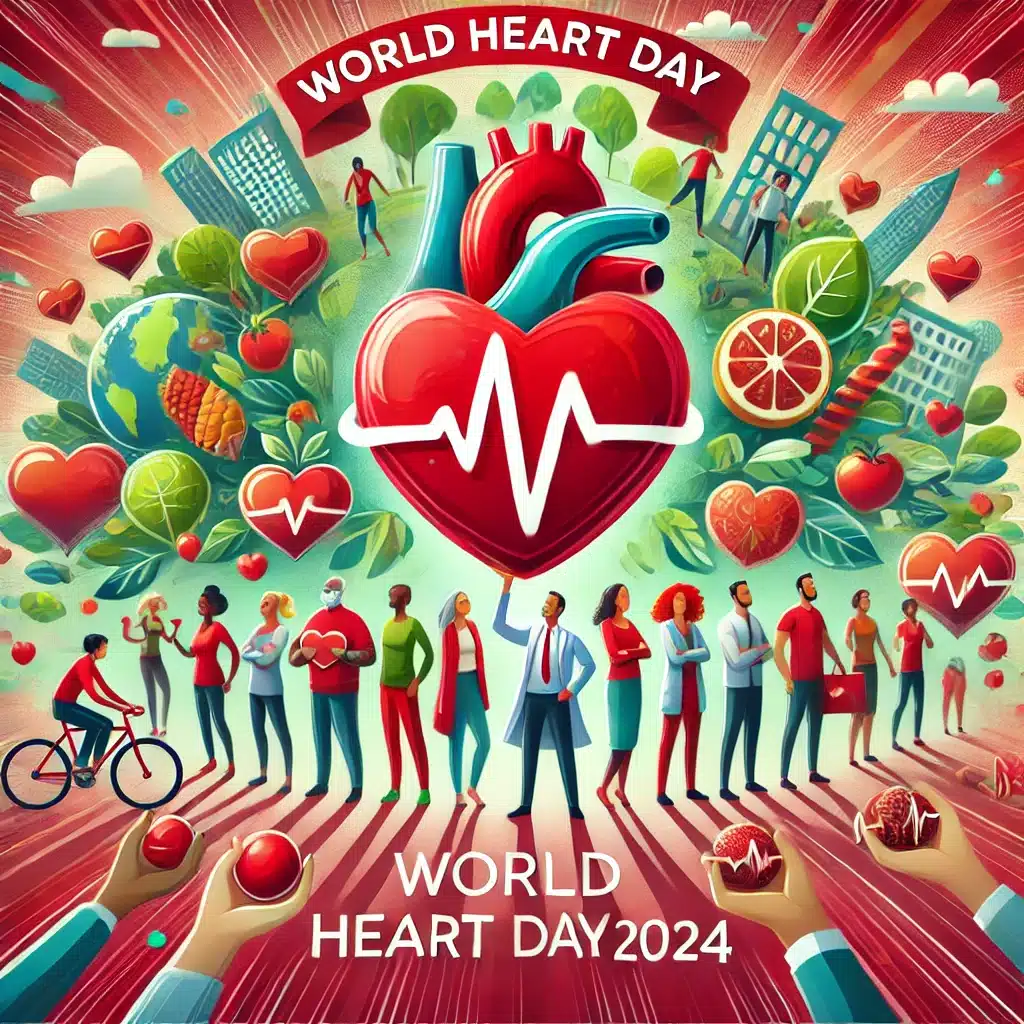 DALL·E 2024 10 06 13.14.25 A symbolic and inspiring image representing World Heart Day 2024. A group of diverse people standing together, each holding a heart shaped symbol, sig