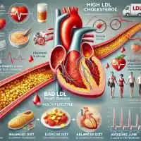 DALL·E 2024 10 06 13.27.15 A detailed and informative illustration showing how bad cholesterol (LDL) increases the risk of heart disease and stroke. The image includes a visual