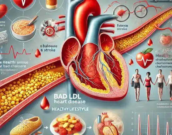 DALL·E 2024 10 06 13.27.15 A detailed and informative illustration showing how bad cholesterol (LDL) increases the risk of heart disease and stroke. The image includes a visual