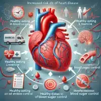 DALL·E 2024 10 25 00.20.19 An informative illustration showing the increased risk of heart disease due to diabetes. The image includes a heart with blood vessels, showing signs