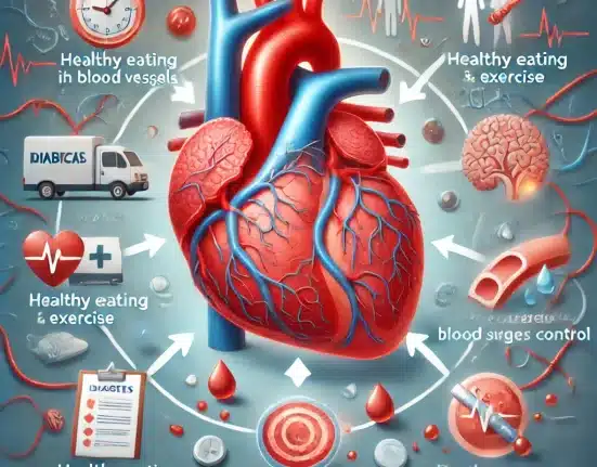 DALL·E 2024 10 25 00.20.19 An informative illustration showing the increased risk of heart disease due to diabetes. The image includes a heart with blood vessels, showing signs