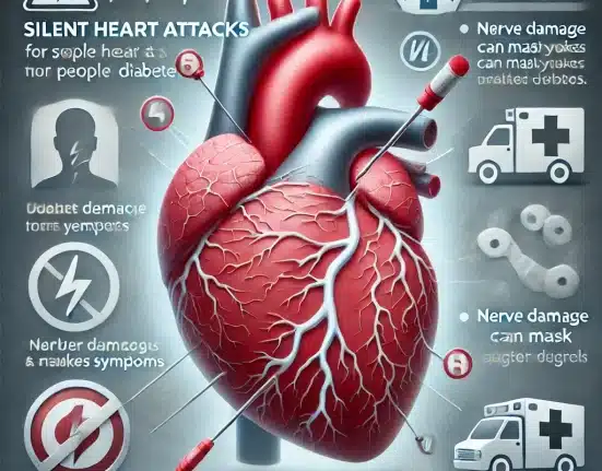 DALL·E 2024 10 25 00.29.50 An educational image warning about the risk of silent heart attacks for people with diabetes. The image includes a heart symbol with subtle cracks or