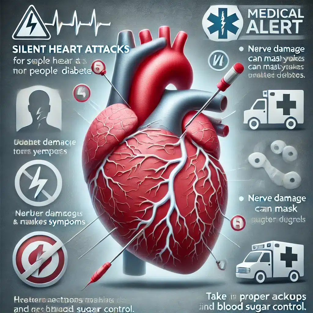 DALL·E 2024 10 25 00.29.50 An educational image warning about the risk of silent heart attacks for people with diabetes. The image includes a heart symbol with subtle cracks or