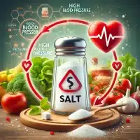 DALL·E 2024 10 26 12.34.58 An educational illustration warning about the risks of excessive salt intake and its link to high blood pressure and heart disease. The image features