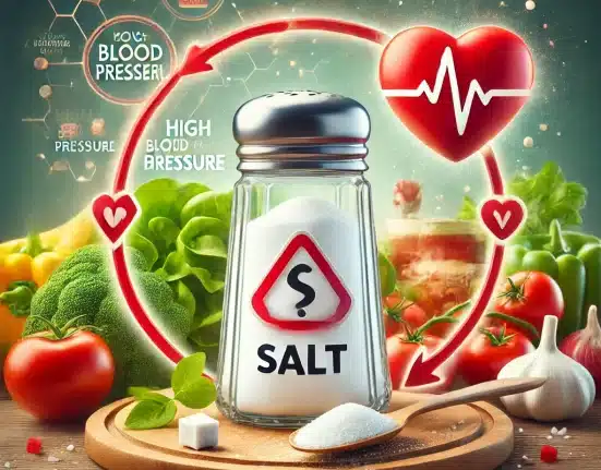 DALL·E 2024 10 26 12.34.58 An educational illustration warning about the risks of excessive salt intake and its link to high blood pressure and heart disease. The image features