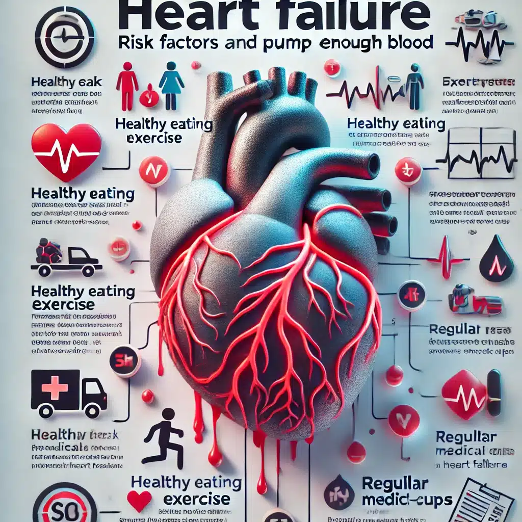 DALL·E 2024 10 26 12.38.50 An informative image about heart failure, showing a heart symbol with stress lines, symbolizing the inability to pump enough blood. The background inc